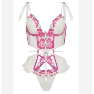 For Love & Lemons Dainty Pink Floral Lace Bustier Teddy NWT 32B